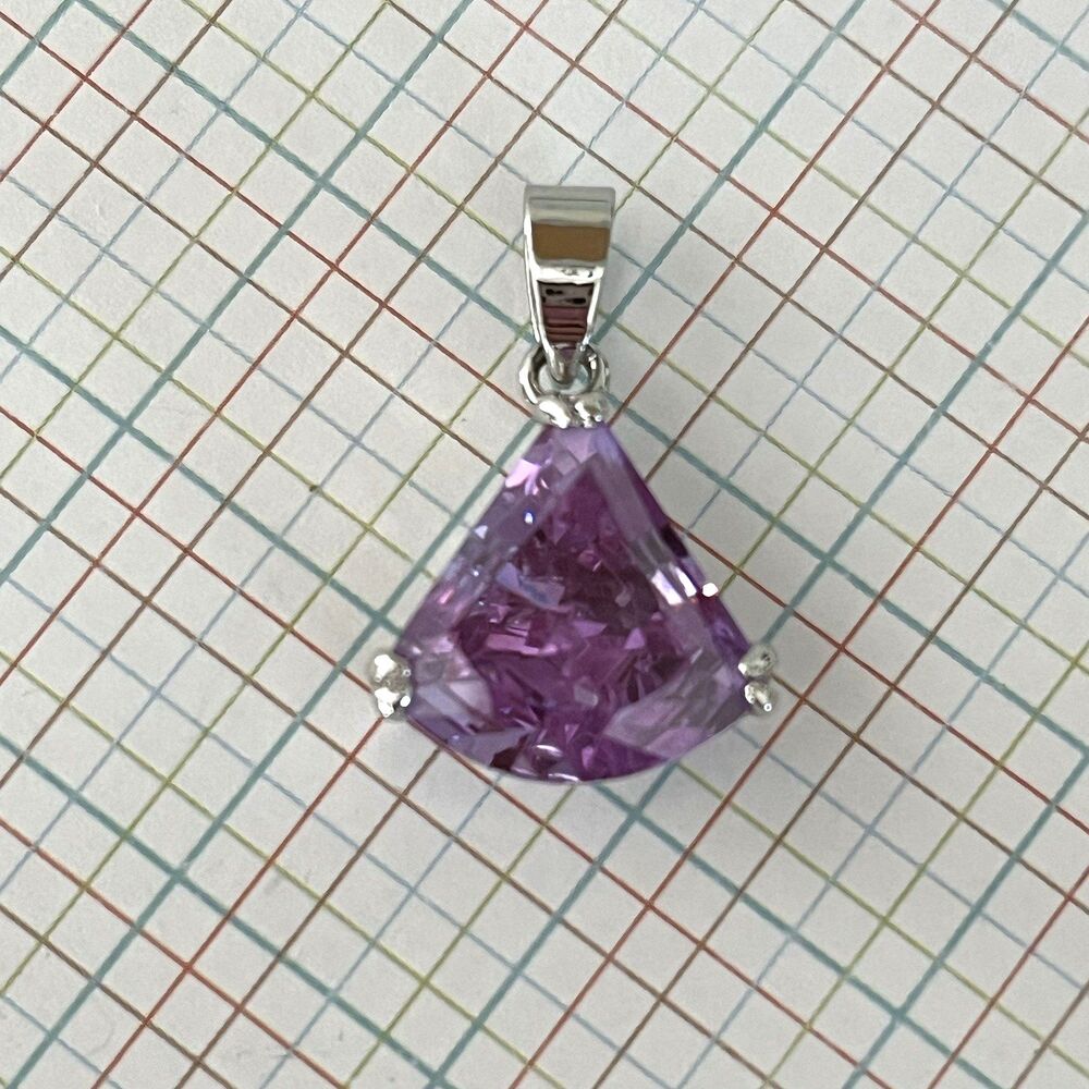 18KGP XP Simulated Amethyst CZ Trilliant Cut Pendant Faceted Sparkle 3/4"